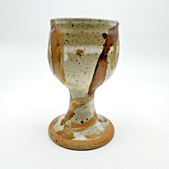 Studio Art Pottery Goblet Chalice Cup Textured Glazed Brown Gray Stoneware #3 - Picture 3 of 9